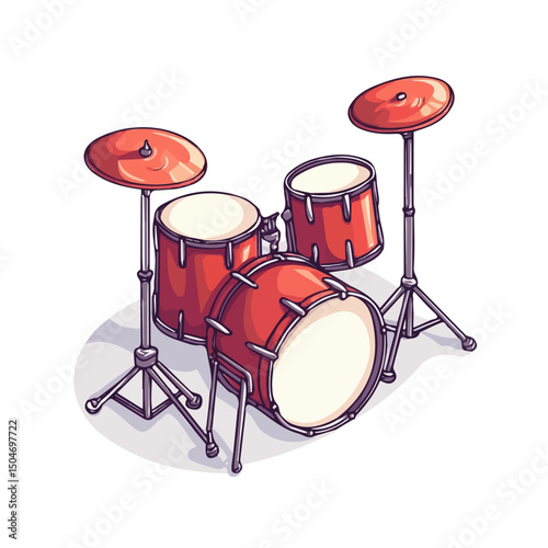 Drum Set, vector graphic, 2D flat isometric cartoon illustration on white background.
