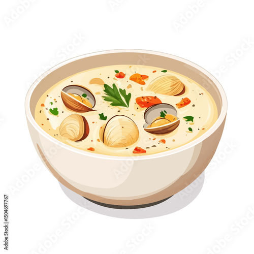 Clam Chowder, vector graphic, 2D flat isometric cartoon illustration on white background.
