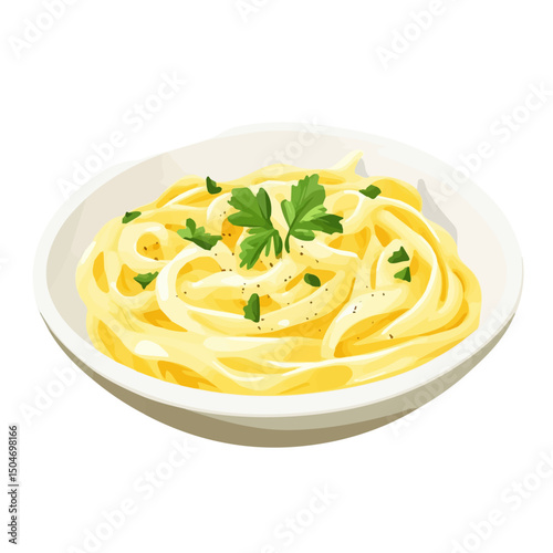 Fettuccine Alfredo, cartoon vector illustration, flat 2D isometric style, white background.