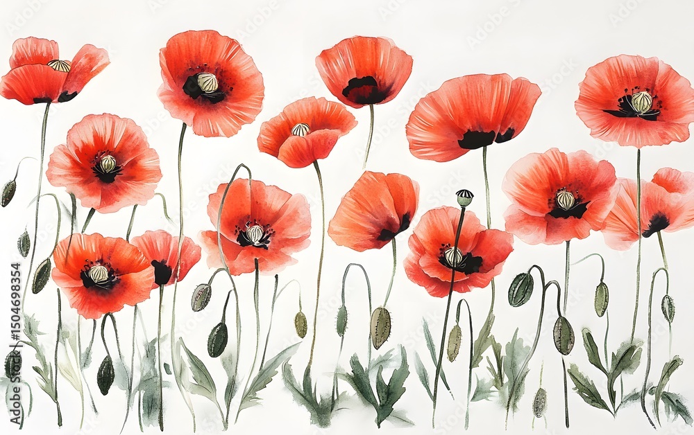 Fototapeta premium Watercolor Red Poppies Floral Painting Botanical Art