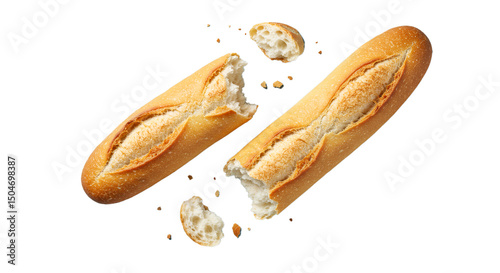 Bild auf Leinwand Fresh baguette bread loafs isolated on black background bakery food photography