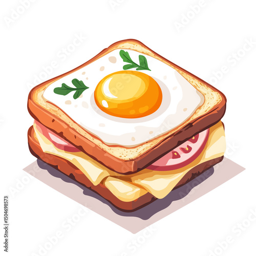 Croque Madame, vector graphic, 2D flat isometric cartoon illustration on white background.
