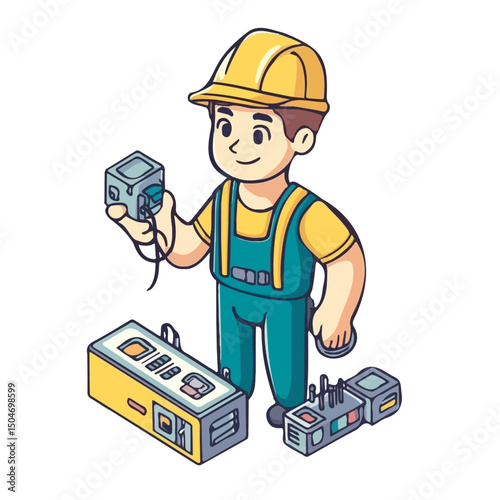 Electrician, 2D isometric flat cartoon vector illustration isolated on white background.