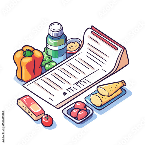 Grocery List, vector graphic, 2D flat isometric cartoon illustration on white background.
