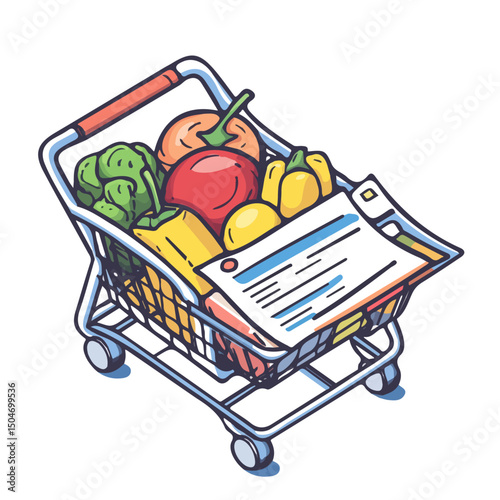 Grocery List, vector graphic, 2D flat isometric cartoon illustration on white background.

