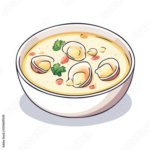 Clam Chowder, cartoon vector illustration, flat 2D isometric style, white background.