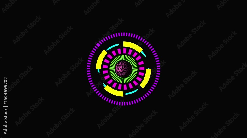 Futuristic Digital Interface HUD Element glowing circular HUD interface with sci- design, featuring neon blue rotating elements on black background,
