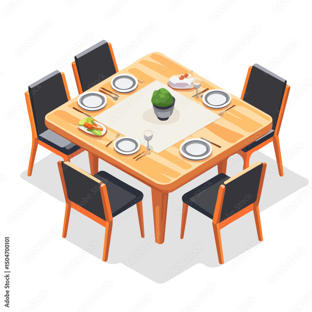 Fototapeta premium Dining Table, vector graphic, 2D flat isometric cartoon illustration on white background. 