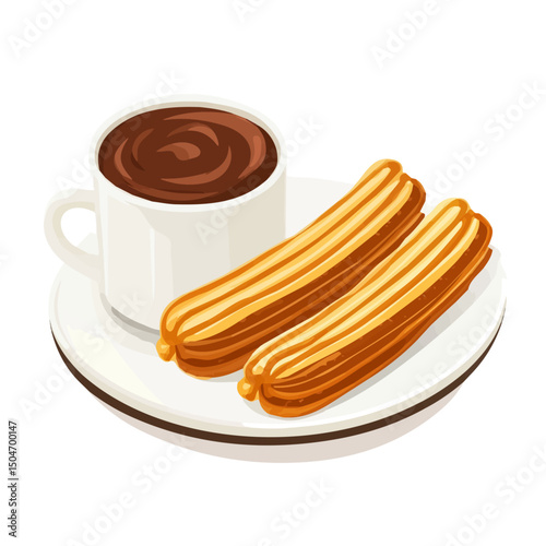 Churro Con Chocolate, flat 2D isometric cartoon vector image isolated on white background.