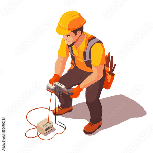 Electrician, vector graphic, 2D flat isometric cartoon illustration on white background.
