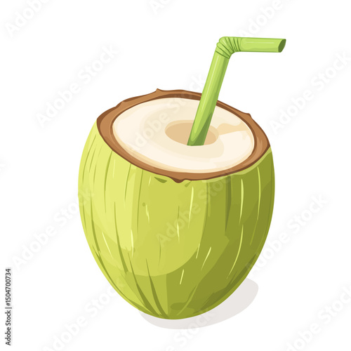 Coconut Water, vector graphic, 2D flat isometric cartoon illustration on white background.

