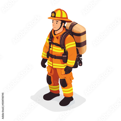 Firefighter, vector graphic, 2D flat isometric cartoon illustration on white background.
