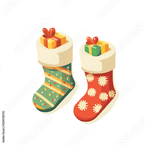 Christmas Stockings, cartoon vector illustration, flat 2D isometric style, white background.