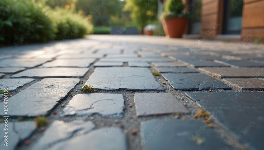 Fototapeta premium Close-up slate stone patio with earthy tones, modern design. Serene outdoor setting. Natural construction texture, home exterior. Residential area, ground, nature, landscaping, renovation, aesthetic,