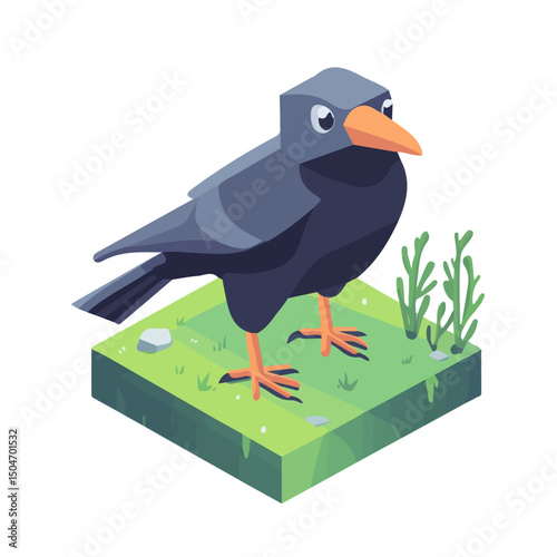 Crow, vector graphic, 2D flat isometric cartoon illustration on white background.

