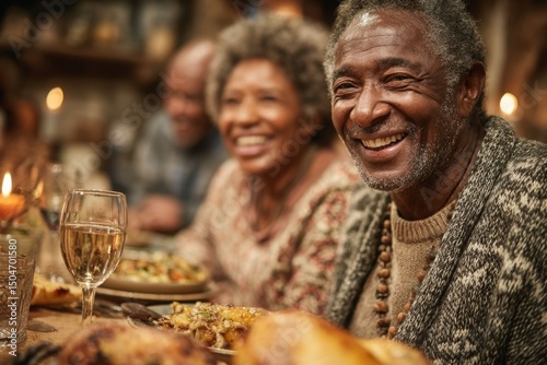 Black senior man smiling broadly during family holiday meal with food and beverages