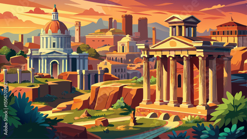 The ruins of the Roman Forum and the Temple of Antoninus and Faustina stand majestically at the center, framed by the historic cityscape of Rome, Italy, in the background.