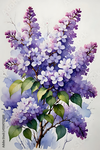 Purple lilac flowers in watercolor style on white background