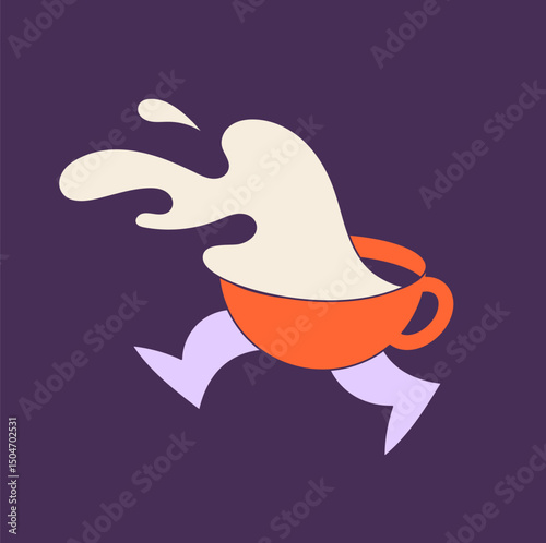 Funny hand drawn cartoon of running coffee cup character. 