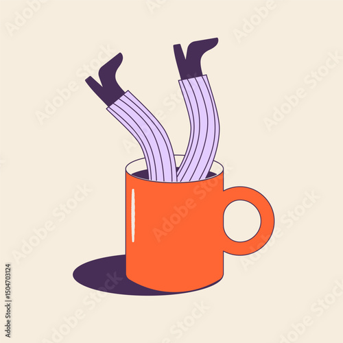 Playful hand drawn cartoon of person diving into coffee cup