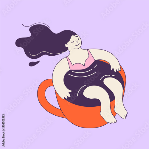 Funny hand-drawn cartoon of woman relaxing in a coffee mug 
