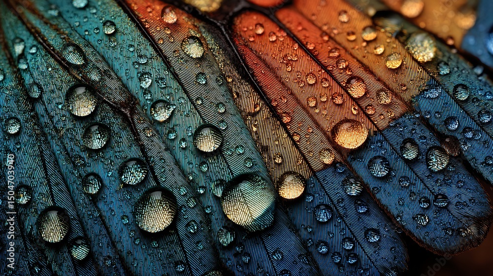 Fototapeta premium Vibrant Blue Orange Bird Feathers Detailed Macro Shot Water Drops Jewel Tones Nature Photography Background Texture Image Design Element Artistic Closeup web wet print vivid shiny