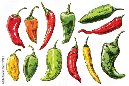 Collection red and green chili peppers, isolated watercolor illustration