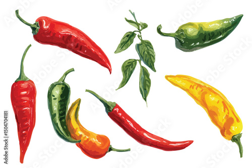 Set of red and green chili peppers watercolor illustration