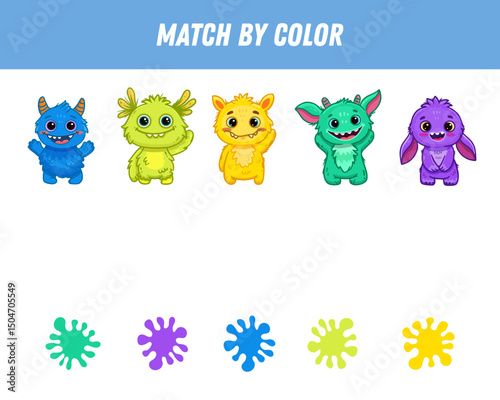 Match colorful monsters by colors. Educational logical game for kids. Worksheet. Space creature. Vector
