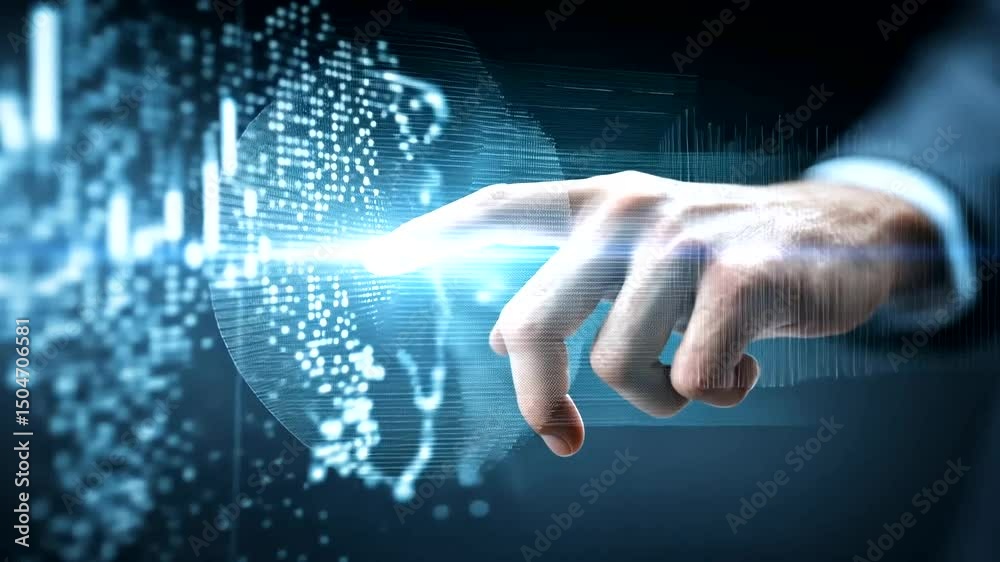 A hand touches a luminous, digital display with a pattern of many dots, symbolizing technology, innovation, and a modern interface