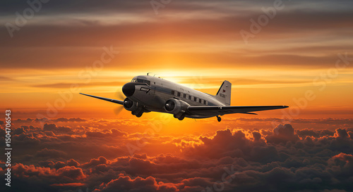 Douglas dc 3 airplane flying above sunset clouds