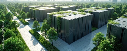 Green data center cooling. Sustainable cooling system powered by renewable energy sources. Eco-friendly building with green roof, surrounding landscape. Modern futuristic design concept. Eco data