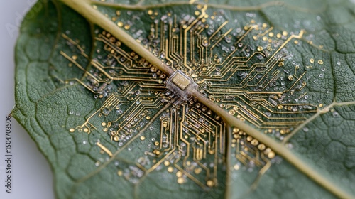 Green Leaf Circuit Board Technology Nature Electronic Microchip Sustainable Innovation Bio Technology Digital Nature Inspired Design Electronic Components High Resolution Image    