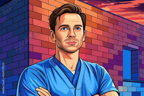 Portrait of a friendly male doctor or nurse vector wearing blue scrubs uniform, with arms crossed illustration background
