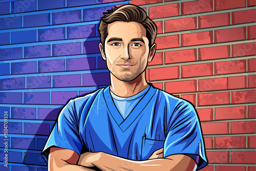 Portrait of a friendly male doctor or nurse vector wearing blue scrubs uniform, with arms crossed illustration background