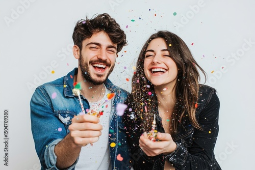 A young couple joyfully celebrates with party poppers, showering themselves in a colorful burst of confetti and laughter against a bright white backdrop.