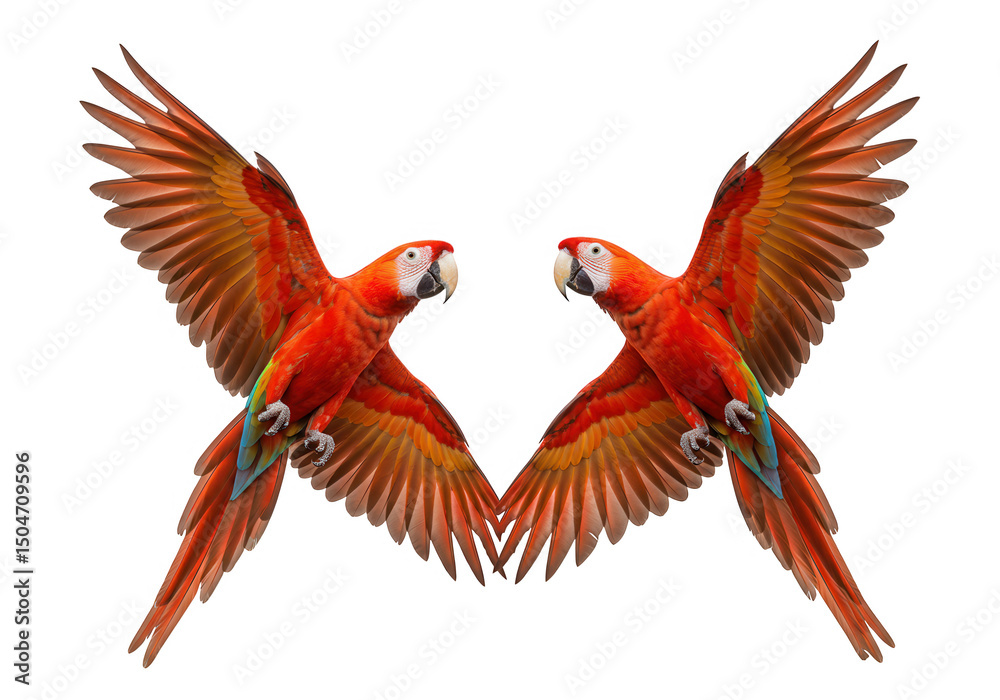 Obraz premium Two scarlet macaws in flight isolated on transparent background