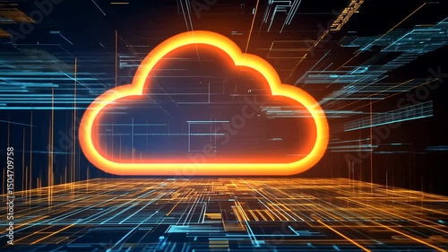 Digital cloud with a glowing outline and a grid-like floor with circuit patterns, tech lines on a dark background