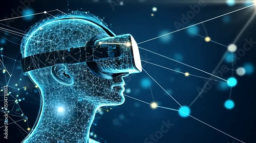 Glowing, wireframe human bust wearing a VR headset with connected nodes against a dark, blue background