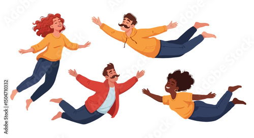 Group of Cartoon Characters Levitating Joyfully in Air – Isolated Vector Art