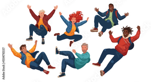 Cartoon People Floating and Flying in Air, Feeling Free and Happy, Vector Illustration