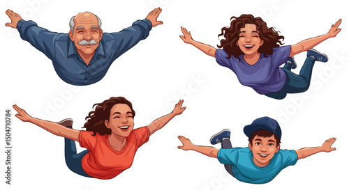Joyful Group Floating in Air, Cartoon People Levitating Vector Illustration