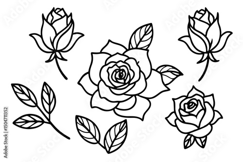 Classic black line art rose tattoo designs collection