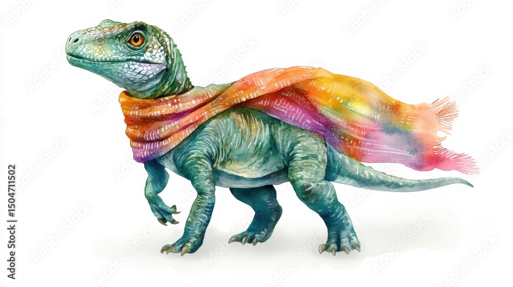 Obraz premium dinosaur with colorful scarf, watercolor illustration, white background