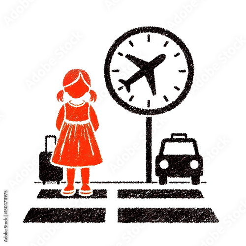 Young girl waiting at airport clock for travel in delayed journey concept  