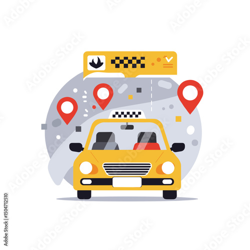 Yellow taxi cab with location pins and navigation interface 
