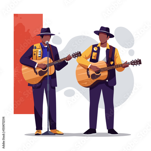 Two musicians playing acoustic guitars on stage in stylish outfits  