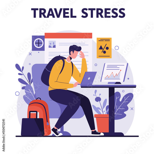 Young man sitting at desk with laptop showing travel stress  