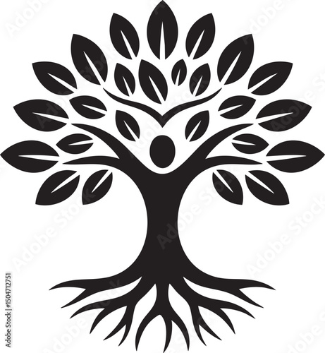 Tree Of Life With Human Figure Roots And Leaves Symbolizing Growth Wellness Nature And Balance In Decorative Silhouette Icon Design