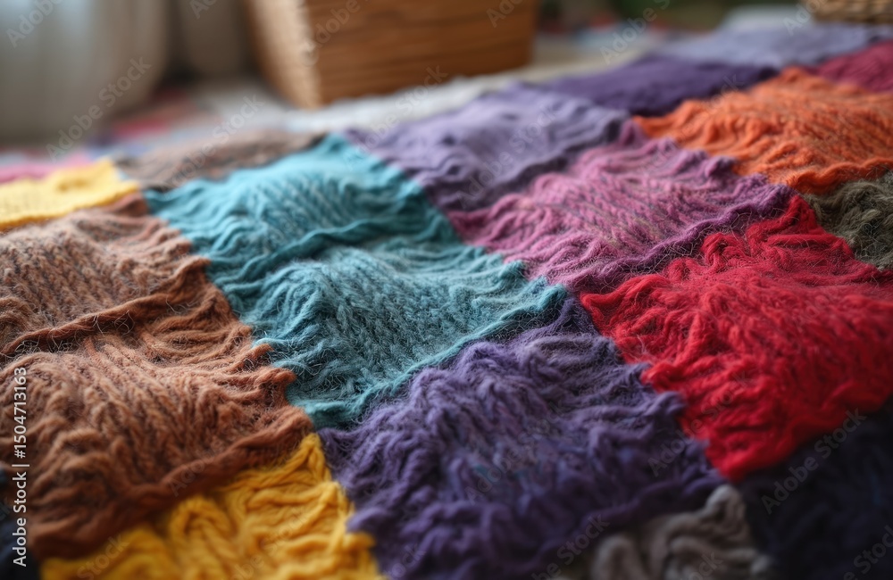 Fototapeta premium Close-up view of a colorful knitted blanket with graphic design. Variegated yarn, squares with bright colors. Hand-made warm cozy wear from wool threads, home decor item.